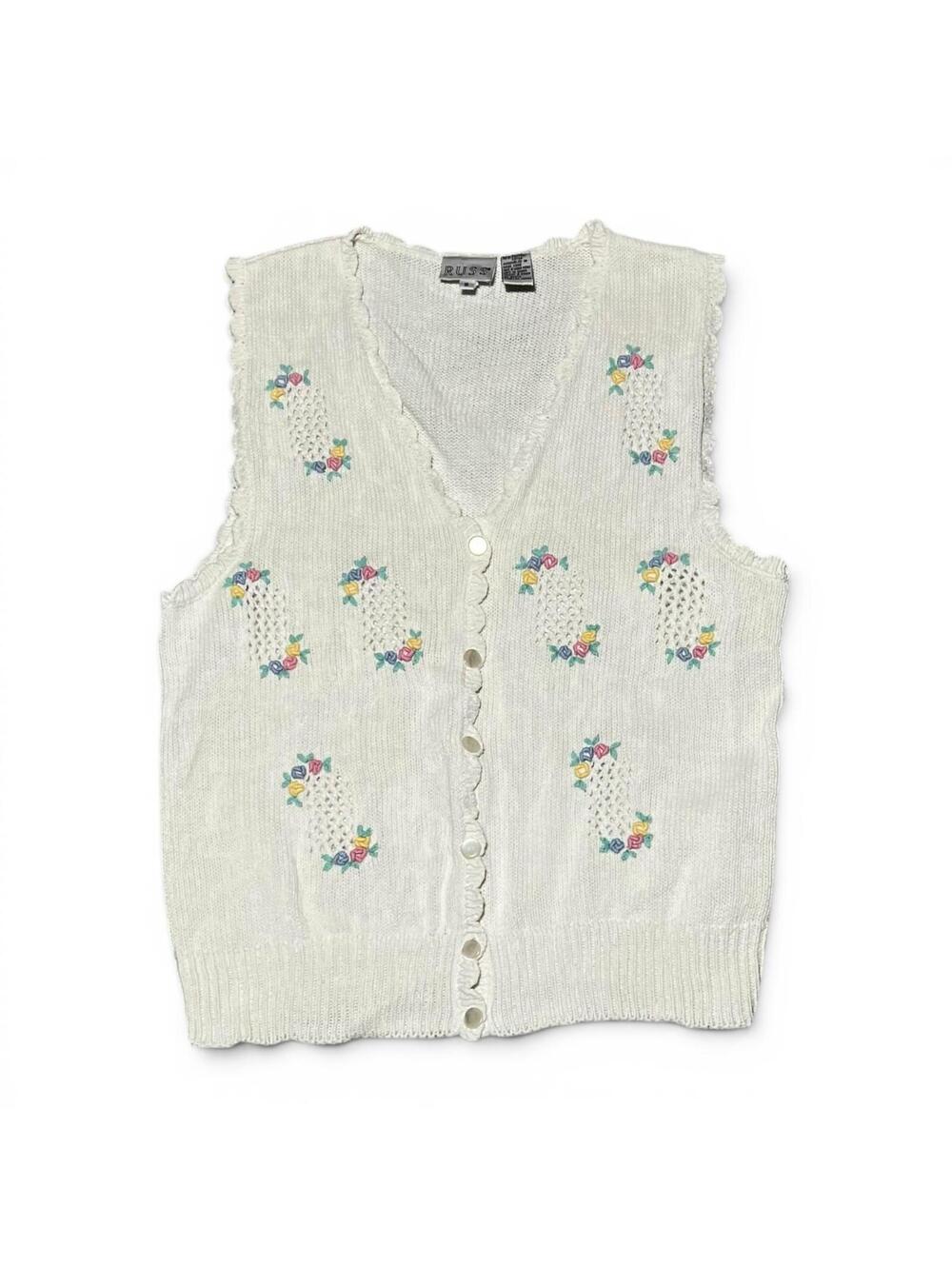 Vintage White Knit Button-Up Vest with Floral Embroidery Size Small
